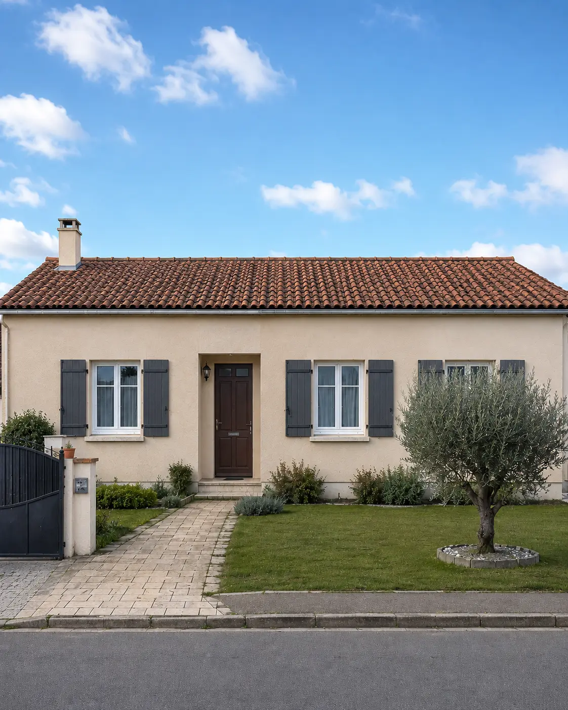 Maison après rénovation · enduit neuf ton sable, volets restaurés
