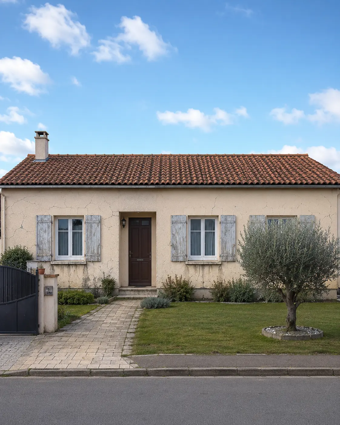 Même maison avant rénovation · enduit fissuré, volets dégradés