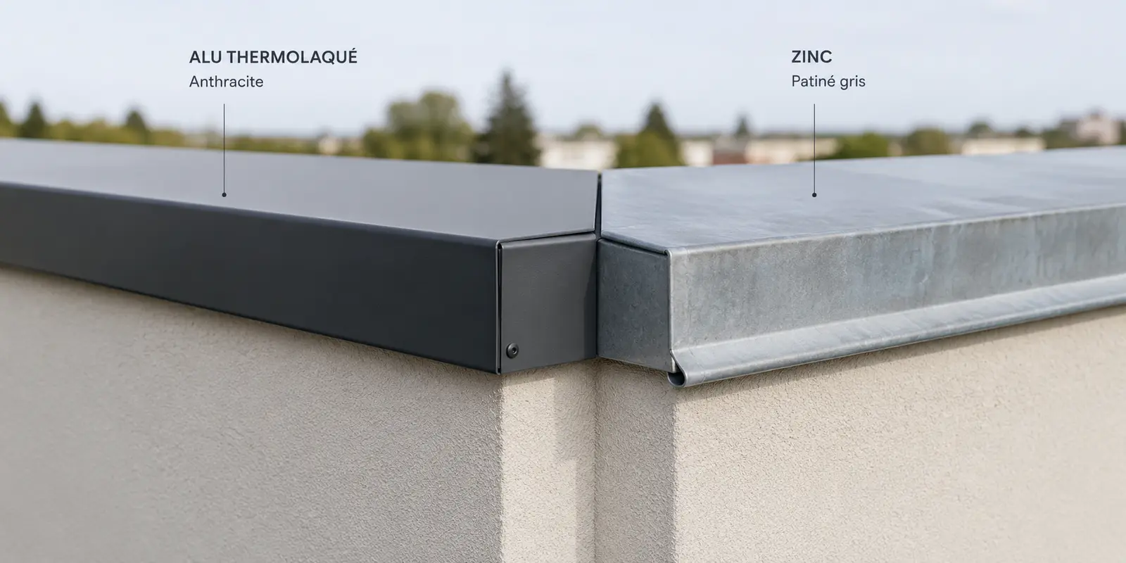 Couvertine alu thermolaqué et zinc sur acrotère