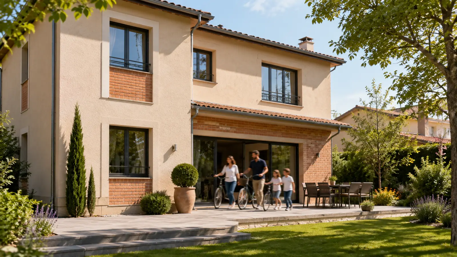 Maison particulière rénovée · famille en terrasse, enduit ton sable et briquettes apparentes