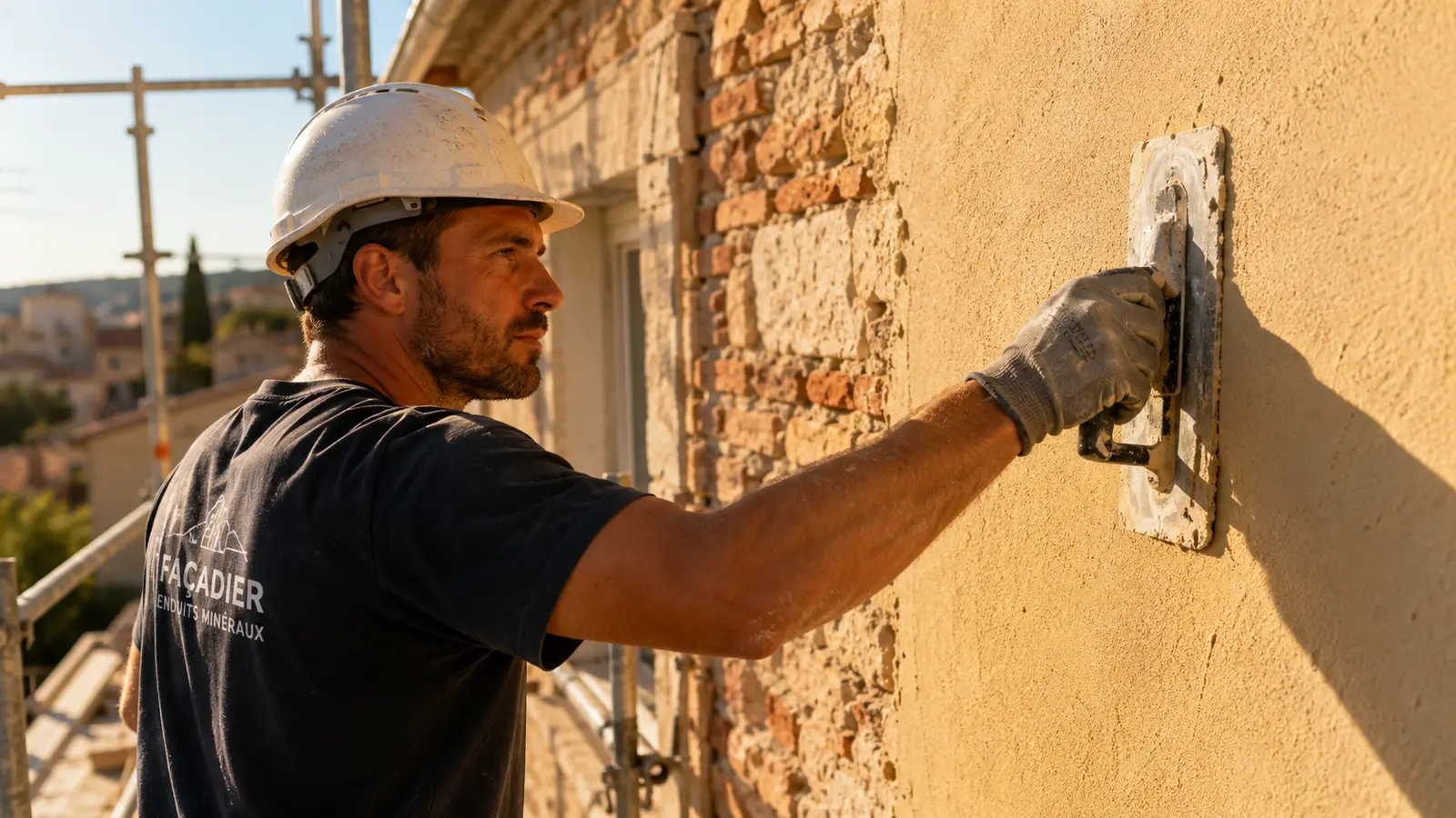 Façadier Dalibat en intervention sur une façade en cours de ravalement avec application d'enduit minéral