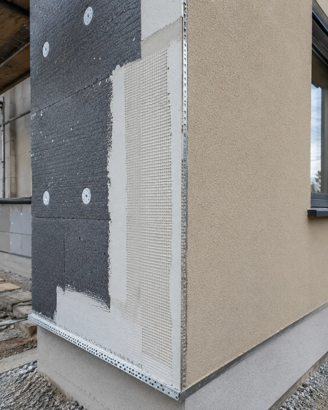 Coupe d'une isolation par l'extérieur : panneau isolant, sous-enduit armé, finition minérale